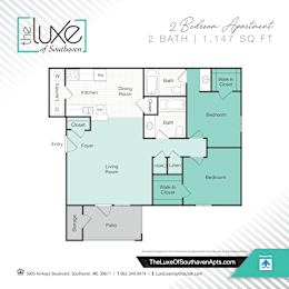 A floor plan for a 2 bedroom apartment with 2 bathrooms and 1,147 square feet.